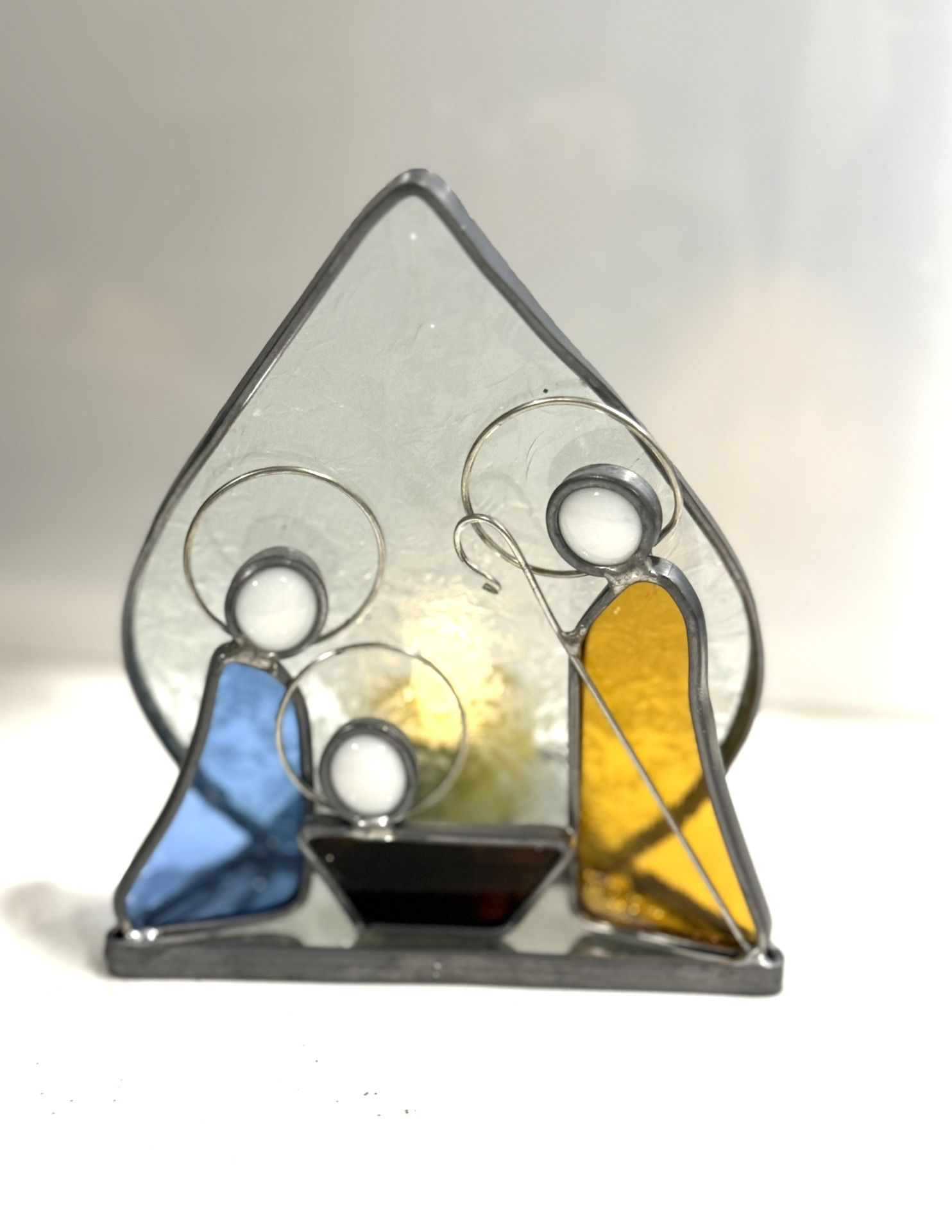 Vintage Stained Glass Nativity Scene Candle Holder Christmas Joseph Mary Jesus