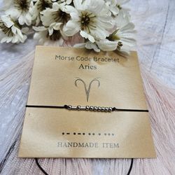 Aries Morse Code Horoscope Zodiac Letter Card Friendship adjustable Bracelet anklet March 21 to April 19 silver black approximately adjusts from 6.3 i