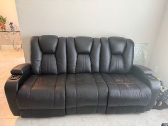 **Free**Black Leather Reclining Sofa with Cup Holders