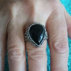 Intricately Designed Sterling Silver & Black Onyx Ring Women's Size 7