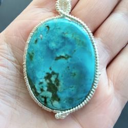 Genuine Arizona Blue Turquoise Wire Wrapped Sterling Silver Pendant Necklace Handmade