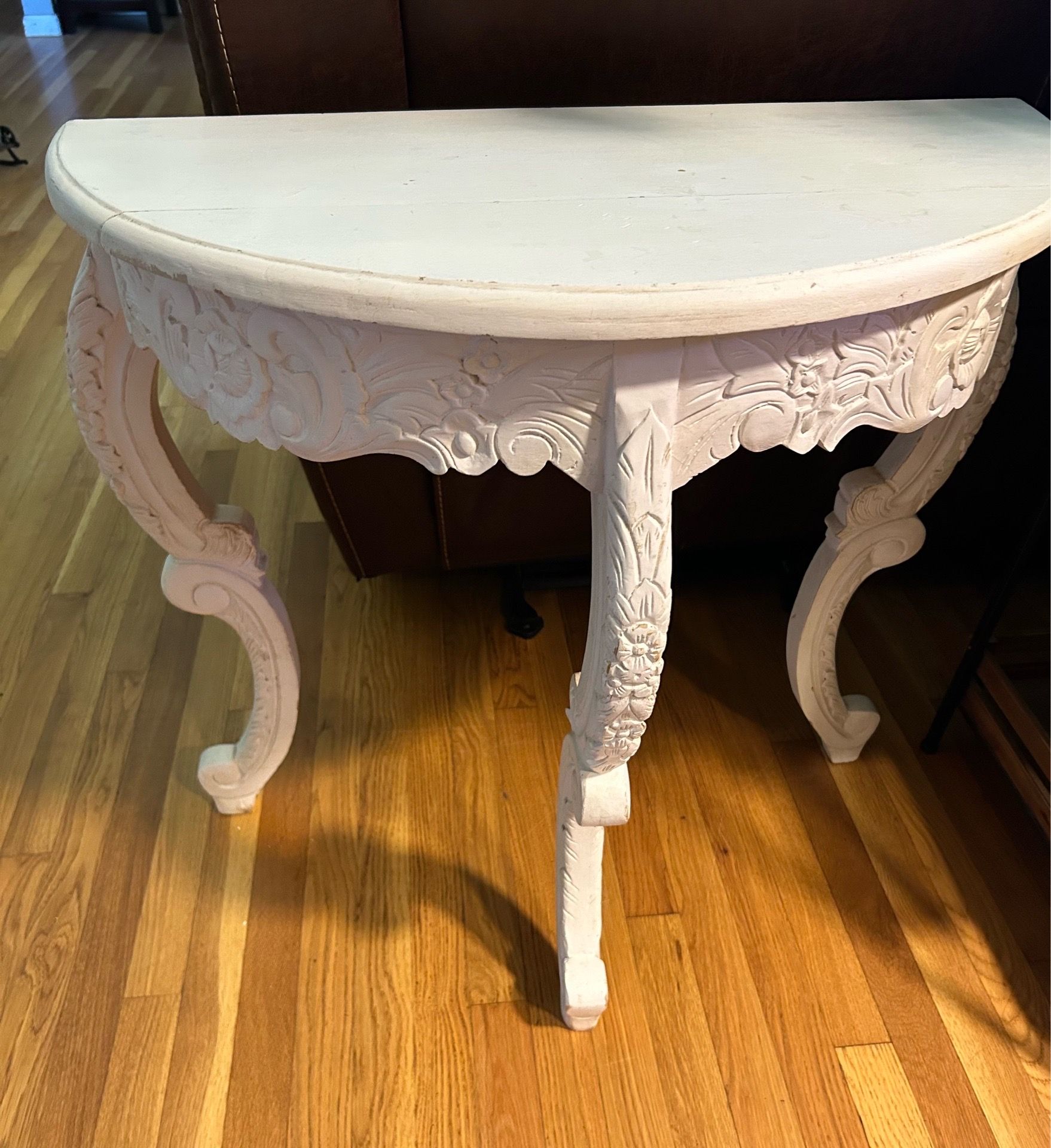 White Carved Half Moon Console Table. Read description 1st