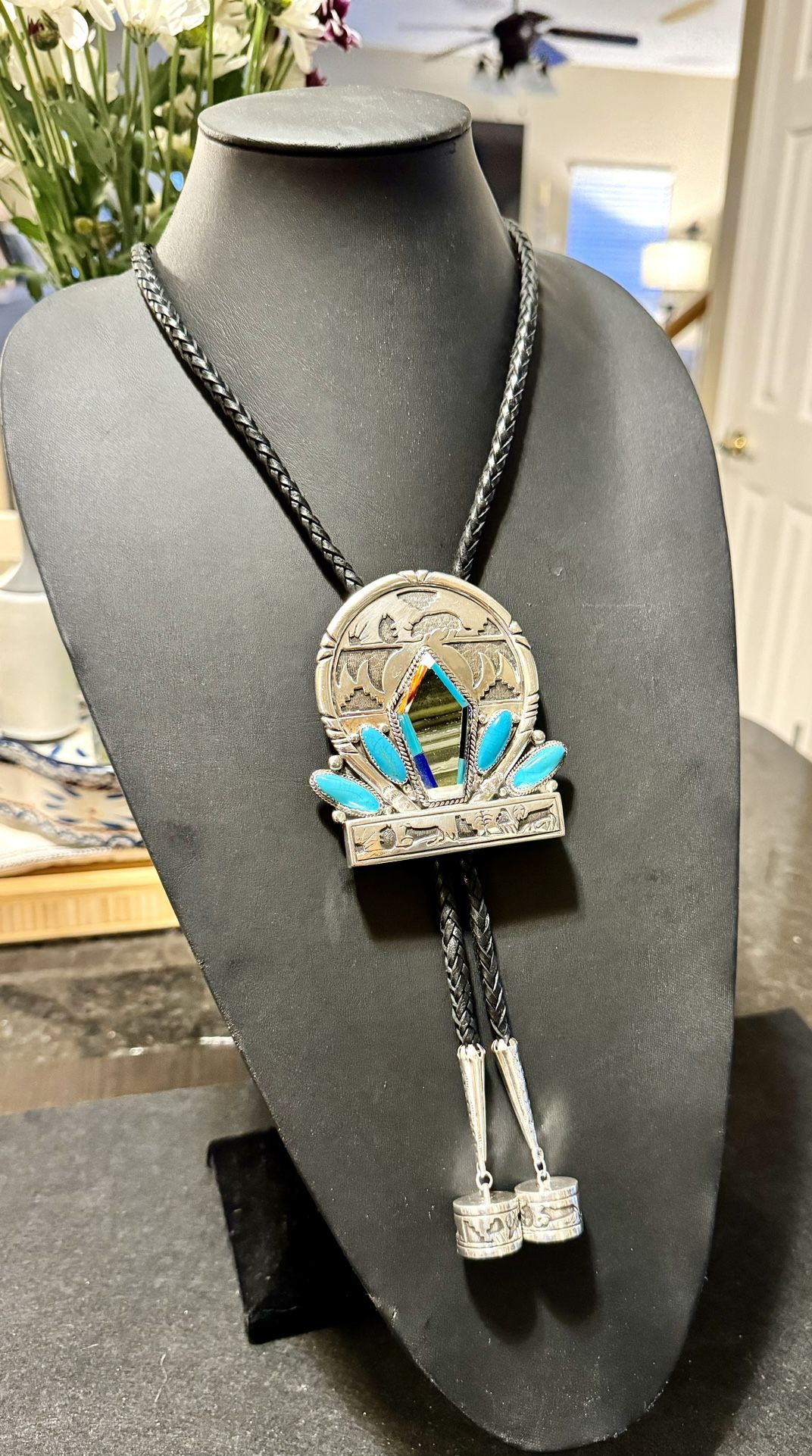 Very Heavy & Large Sterling Silver & Turquoise Bolo Necktie 