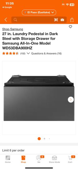 Samsung 27 in. Laundry Pedestal in Dark Steel with Storage Drawer for Samsung All-In-One Model WD53DBA900HZ