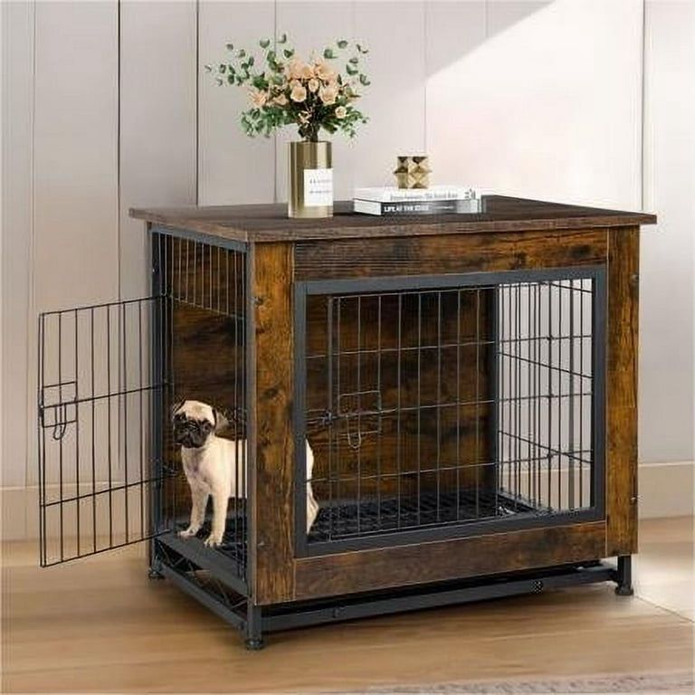 New Wooden Dog Crate Furniture,Double-Doors Kennel Indoor with Divider and Removable Tray,End Table Dog Crate for Decoration 27.2"L x 20.1"W x 23.6"H,