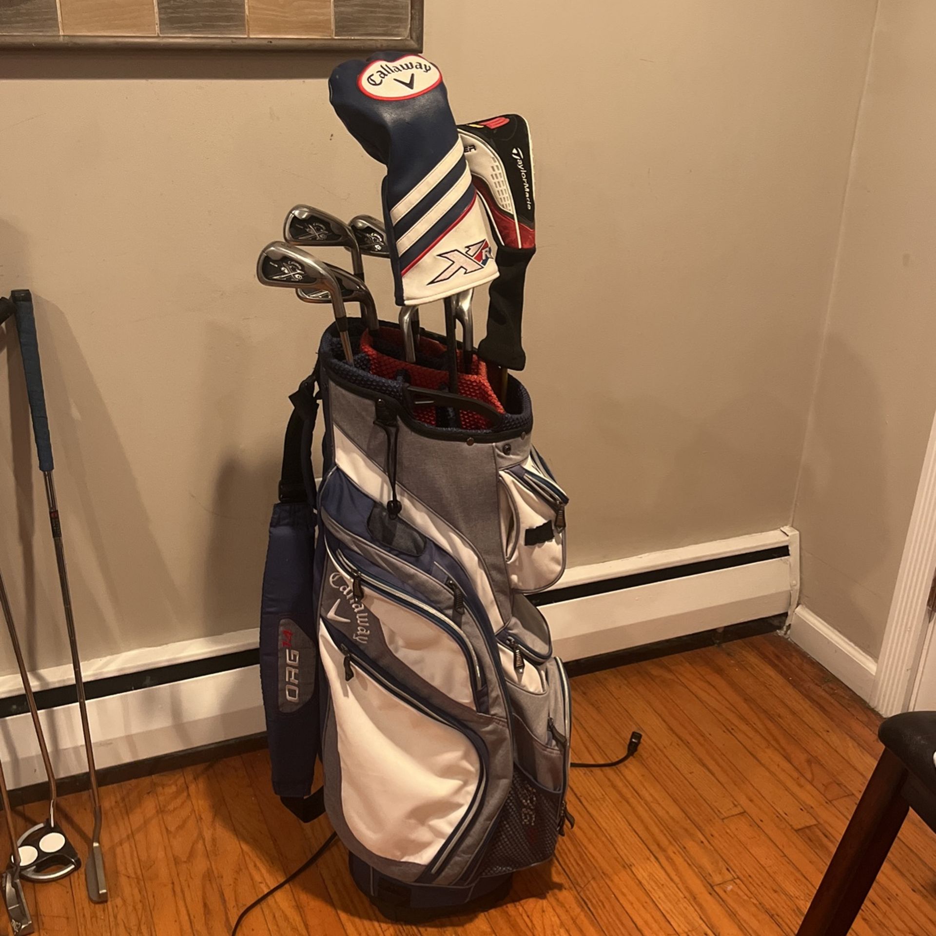 Callaway X20 Tour Irons, Callaway XR Driver, Taylormade Burner 3 Wood And Callaway Org14 Cart Bag