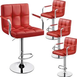 Bar Stools Set of 4, PU Leather Adjustable Barstools, Counter Height, Red Stool Chairs, with Armrest, with Thickened Seat Cushion, for Kitchen Island