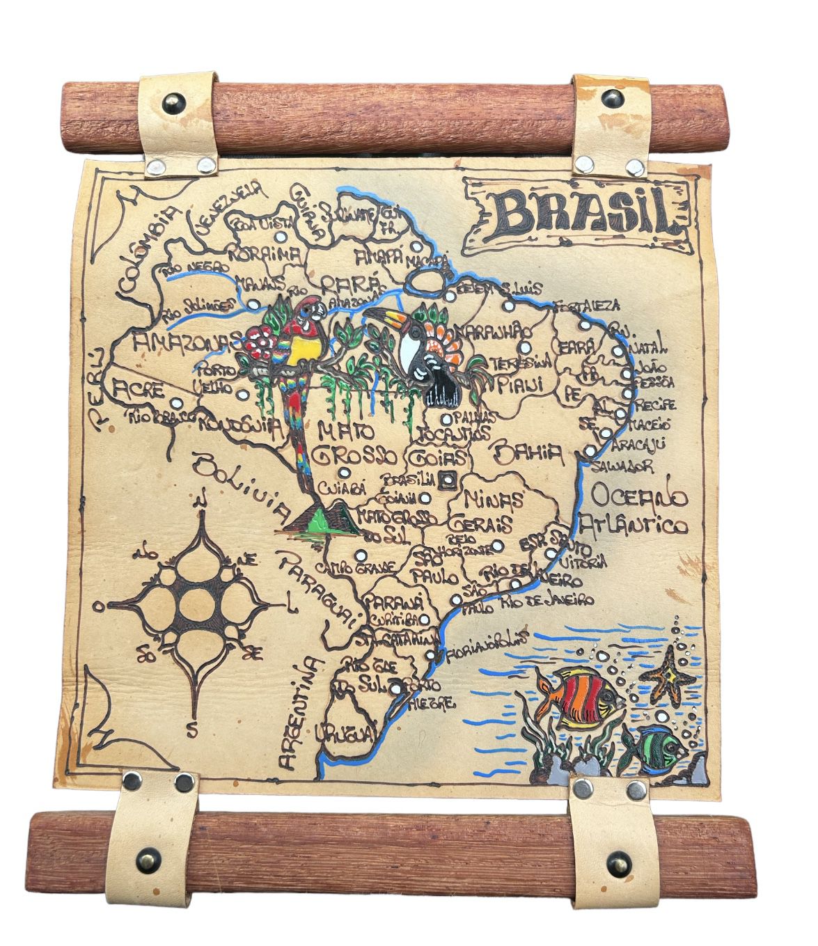 Brazil Leather Handmade Hand Painted Vintage Map