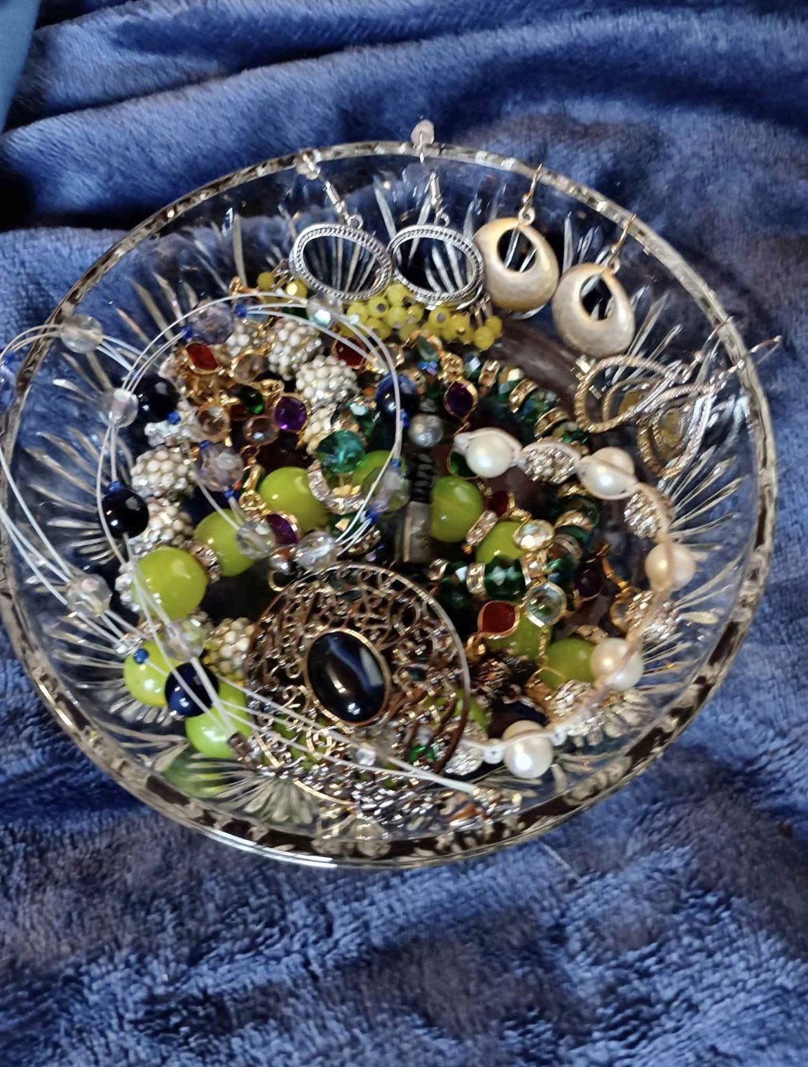 Mystery Jewelry in Glass dish w/lid