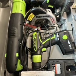 Kawasaki battery operated drill, circular saw, worklight, reciprocating saw