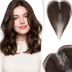 Human Hair Topper With Side Bangs Hand-tied No Edge 11" #02 Dark Brown