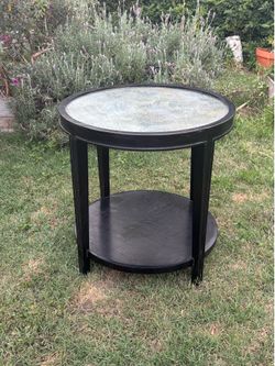 Elegant Vintage Round Noir Side or Accent Table Antiqued Mirror Top