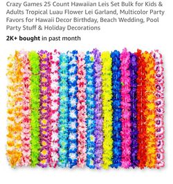 Crazy Games 25 Count Hawaiian Leis Set Bulk for Kids & Adults Tropical Luau Flower Lei Garland, Multicolor Party Favors for Hawaii Decor Birthday, Bea