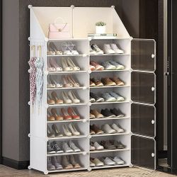Ealing 8-Tier Shoe Rack ,2 Columns Cabinet with Doors and Key Holds Storage 32-64 Pairs ,62 inches,White(SR1)