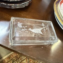 Vintage Crystal Cigarette Box Etched BirdsTrinket  Signed Val St Lambert