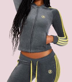 Body By Raven Tracy Velour Track Suit charcoal/lime yellow Jacket (M) & Pants(S)