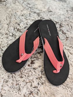 Women's Size 10 Flip Flops With Pink Geometric Designed Textile Straps~New