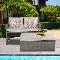2pc Patio Loveseat With 3 In 1 Storage Box Ottoman  Table