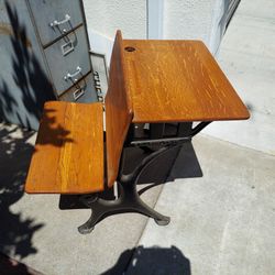 Antique School Desk Foldable Seat Cast Iron Frame