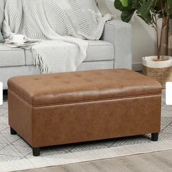 Adeco 35" Tufted Rectangular Storage Ottoman Bench - Light-Brown-Faux-Leather