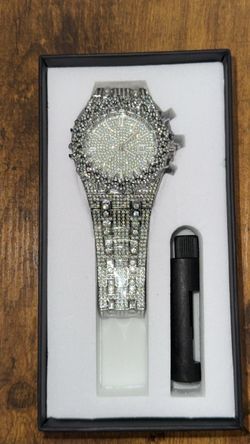 Iced Out Crystal-Encrusted Men's Watch With Crown On Face