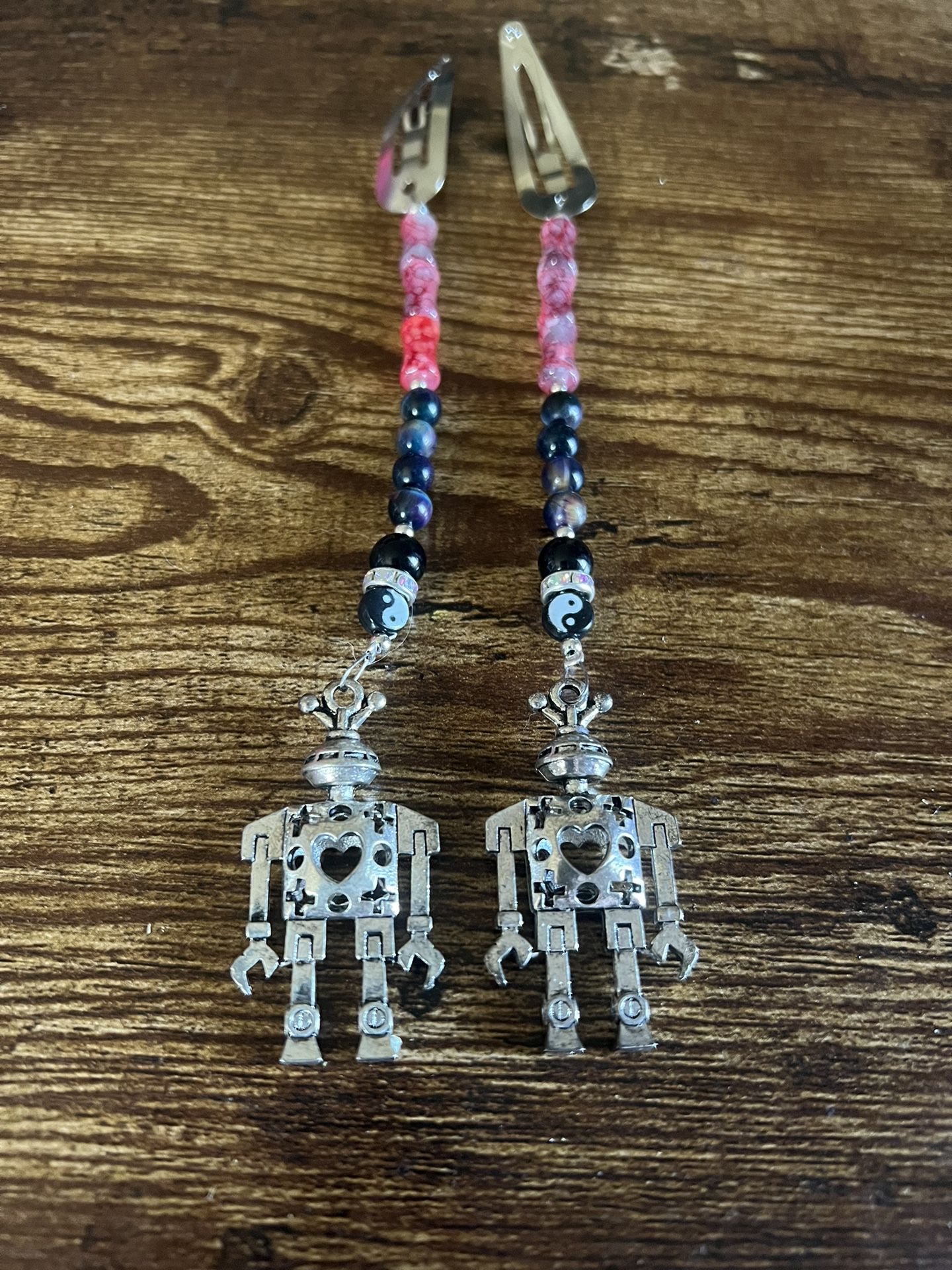 Silver Hair Clips With Beads And Robot Charms