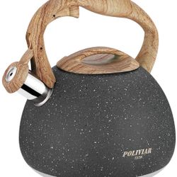 Tea Kettle, 2.7 Quart Natural Stone Finish with Wood Pattern Handle Loud Whistle Food Grade Stainless Steel Teapot, Anti-Hot Handle and Anti-Rust, Sui