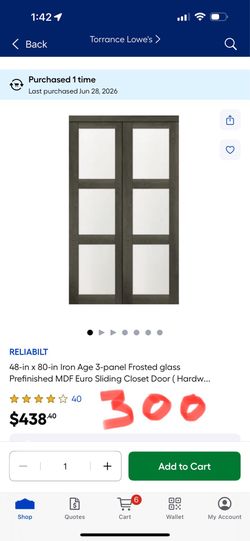 RELIABILT 48-in x 80-in Iron Age 3-panel Frosted glass Prefinished MDF Euro Sliding Closet Door (Hardw..