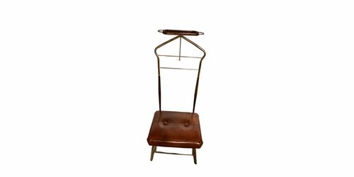 Mid Century Clothes Valet Chair - Pearl Wick Val-O-Seat | Brass, Walnut & Cognac Vinyl