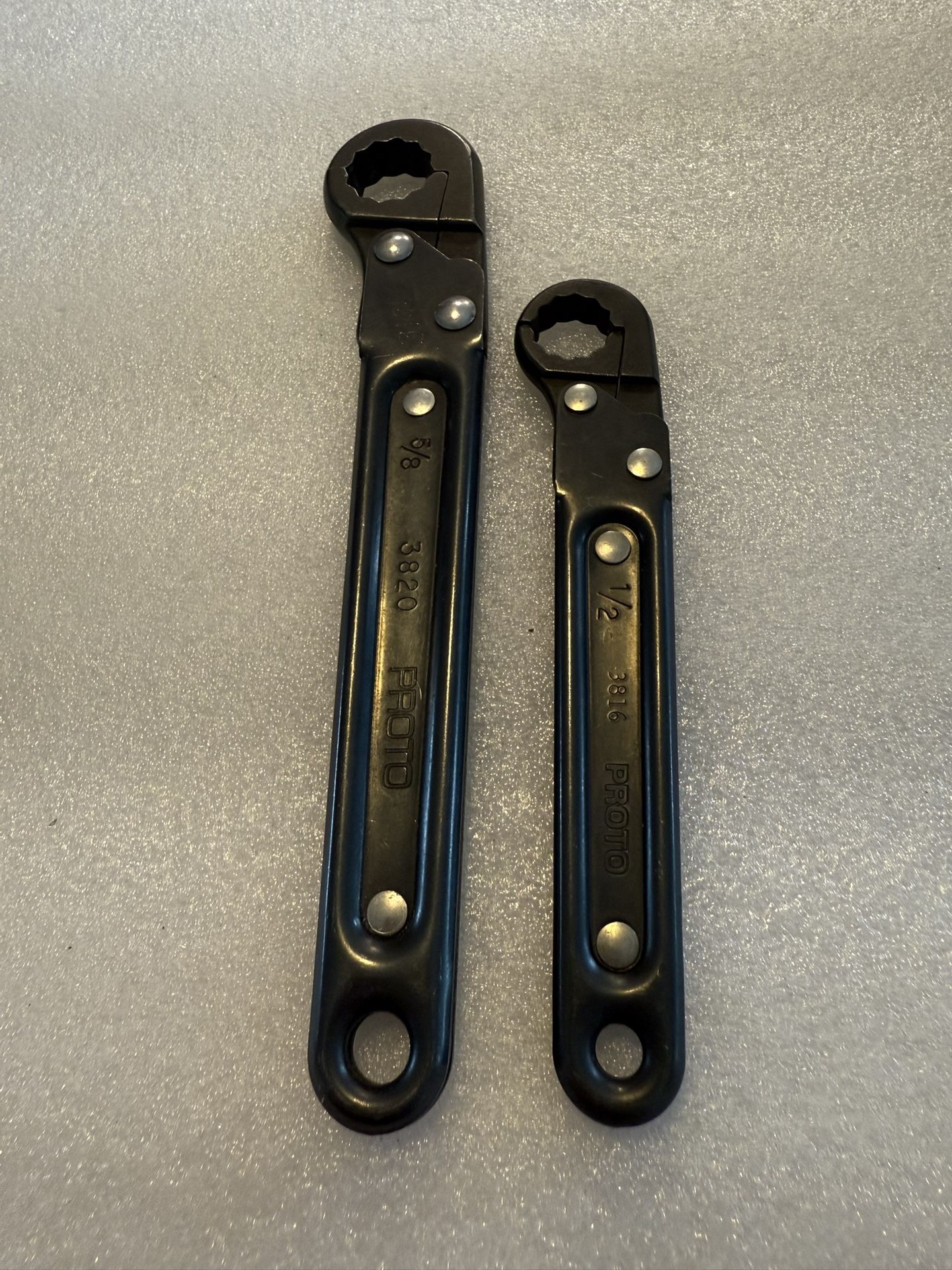 Vintage Proto Black Oxide 12 Pt Ratcheting Flare Nut Wrenches (2) 