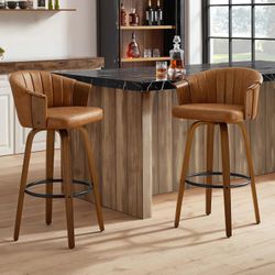 0535  Mid Century Modern Bar Stools - Faux Leather Swivel Bar Stools with Back, Upholstered Counter Height Barstools with Wood Legs and Footrest, Set 