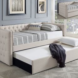 Daybeds are basically regular twin sized beds with a headboard that extends to the long size of the bed. 