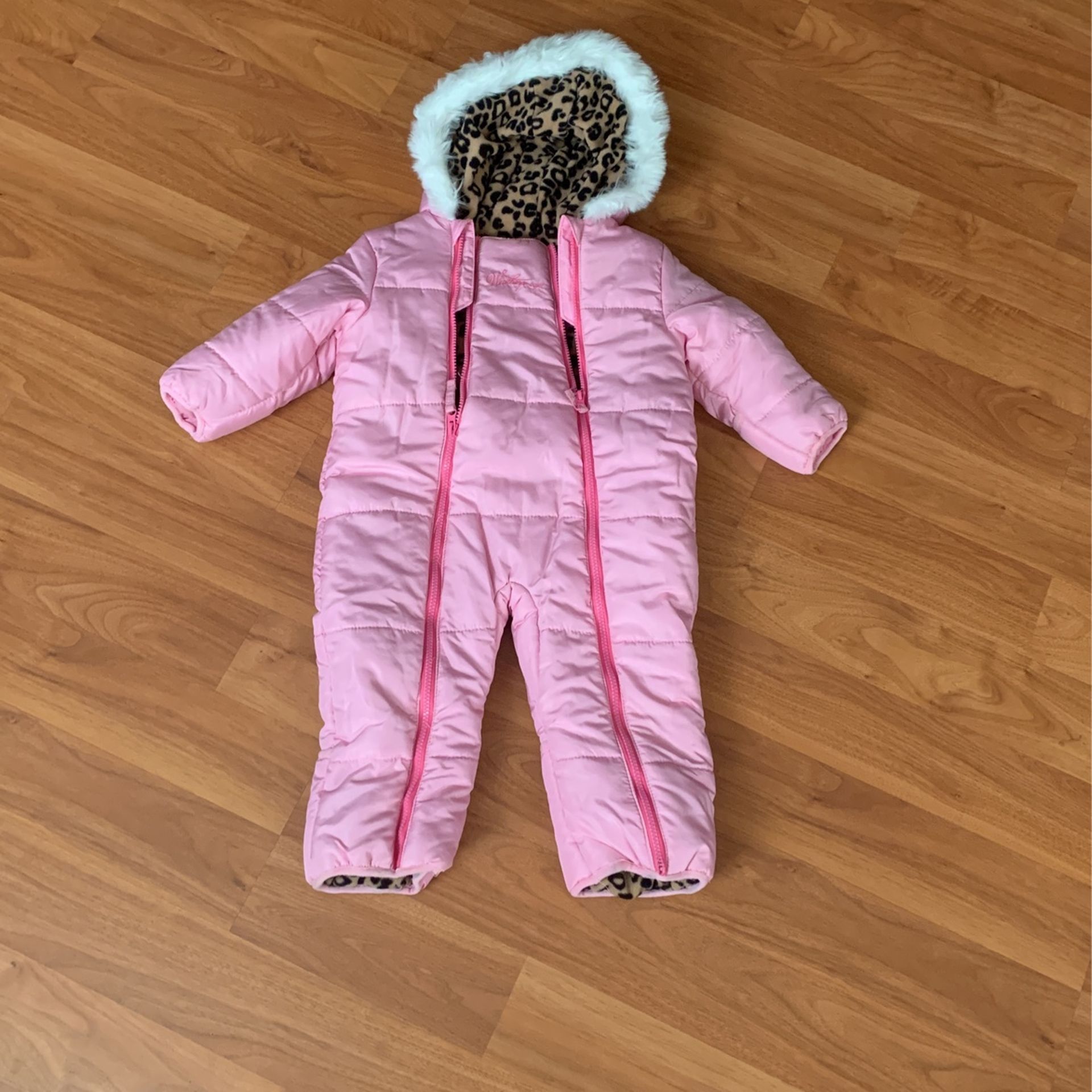 Toddlers Pink Snow Suit With Animal Print Warm Lining