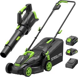 STEELITE 20V Cordless Lawn Mower & Leaf Blower Combo, 13-Inch Includes 4.0Ah & 2.0Ah Batteries & Charger, Brushless Motor, Lightweight 20.5 lb, 500 CF