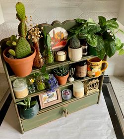 Vintage Upcycled Green Boho Wooden Wall Shelf with Drawer