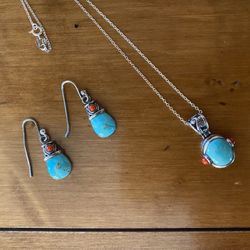Sally C Treasures Sterling Silver Turquoise Coral Necklace and Earrings Set