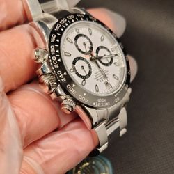 White Panda Daytona Watch Stainless Steel White Dial 