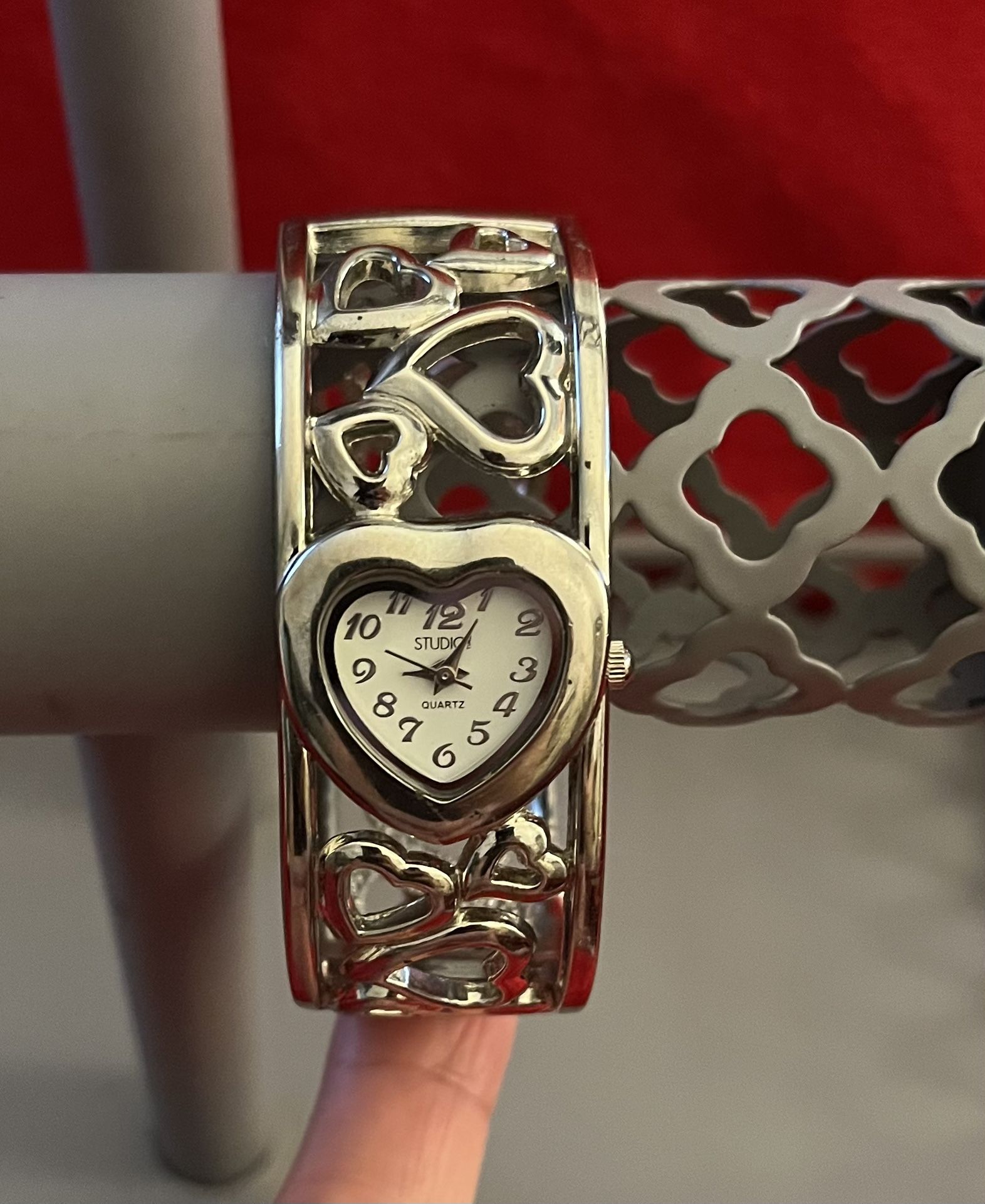 Silver Bangle Watch With Heart Design 