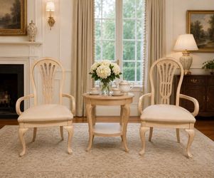 2 Upholstered Seat Arm Chairs Solid Wood Cream Beige Color Dining Living Room PAIR Bedroom Kitchen Hallway Bed Entryway Antique Shield Back HILLCREST