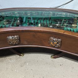 Antique Kidney Shaped Coffee Table With Pull Out Drawer Full Set Of Flatware