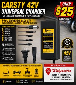 Scooter Battery-Carsty 42V Universal Scooter & Hoverboard Charger – 5-in-1 UL Certified Charger – $25