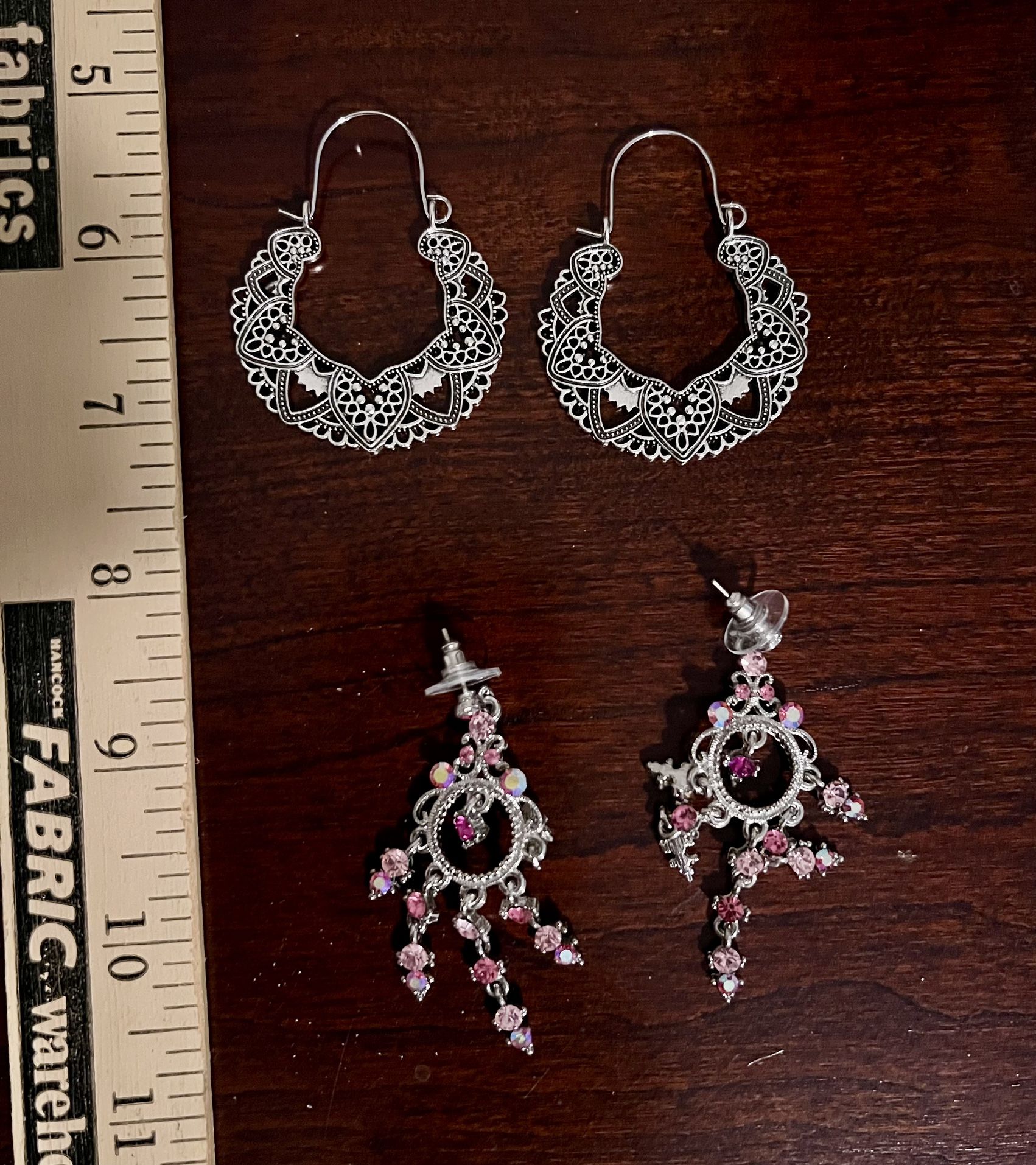 2 pr Indian Bollywood Dangle Chandelier Earrings Drop Silver Pink Boho Ethnic traditional Indian Bollywood Style Earrings dangle chandelier drop rhi