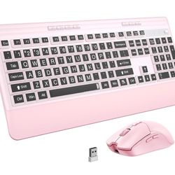 New Silent Wireless Keyboard and Mouse Combo - Keyboard with Large Print Cover, 2.4GHz Full-Sized Ergonomic Keyboard with Wrist Rest and Mouse