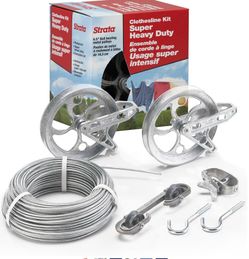 Strata Clothesline Outdoor Super Heavy Duty Kit - 150ft Galvanized Wire Silver PVC Coating, 6.5" Clothes Line Pulley 2pcs, Metal Mini Winch Tightener 