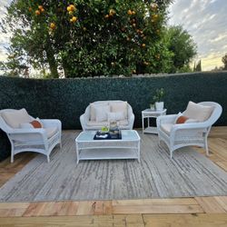 5-Piece Heavy duty White Wicker Patio Furniture Set with New Cushions