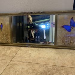 1900s Vintage Antique Mirror With Blue Butterflies