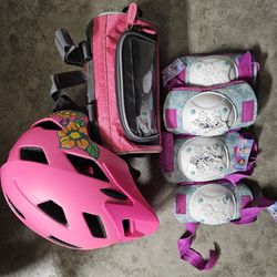 Girls helmet, bike bag, knee elbow pads