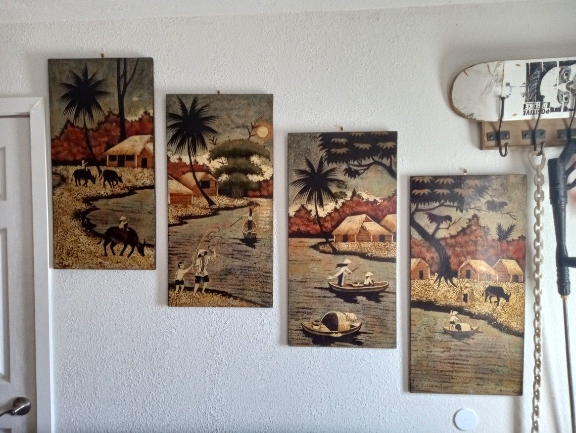 Vintage Vietnamese 4-Panel Egg Shell Black Lacquer Hand-Made Scenery Painting