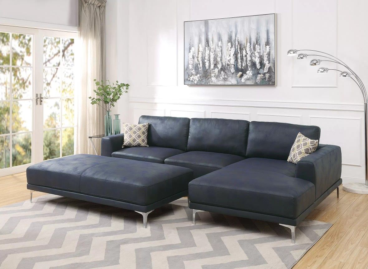 Brand New Blue Leather Modern Style Sectional Sofa (Ottoman Sold Separately)