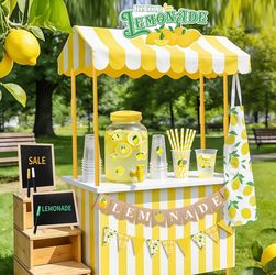 Whaline 115Pcs Lemonade Stand Kits Include Shelf Roof Pennant Banner Table Skirt Plastic Juice Dispenser Drink Cups with Lids Straws Blackboard Lemon 